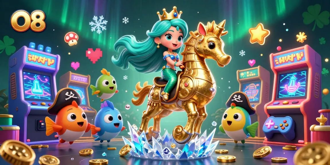 Win big at O8 with a vibrant 3D casino illustration featuring magical sea characters and arcade elements.
