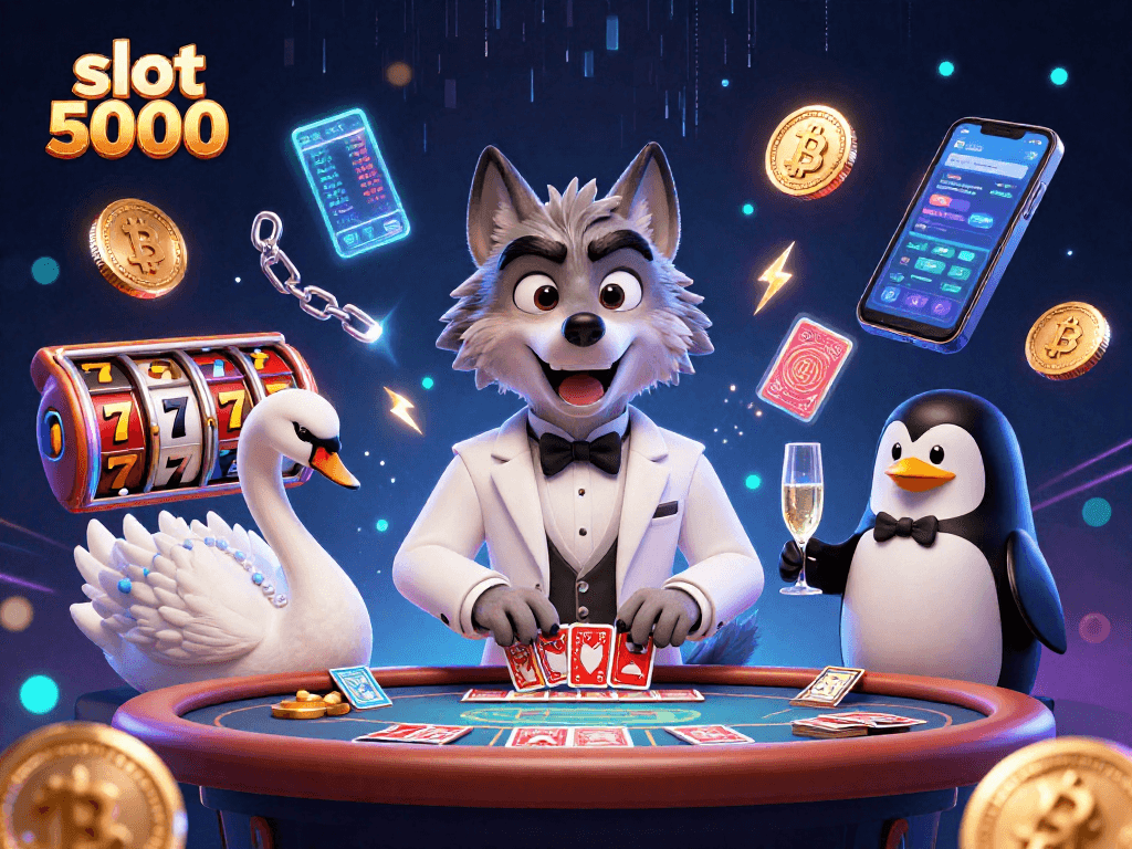 Play slot 5000 at a vibrant casino, featuring 3D cartoon characters engaging in action.