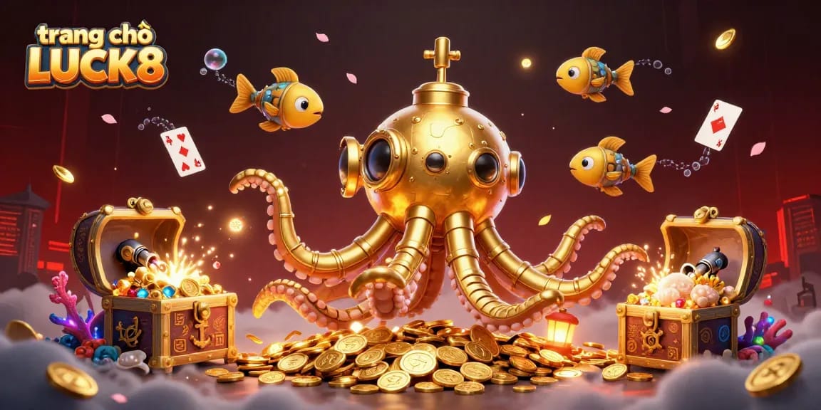 Engage with trang chủ LUCK8 as a breathtaking underwater scene showcases a golden kraken submarine amidst treasure and casino elements.