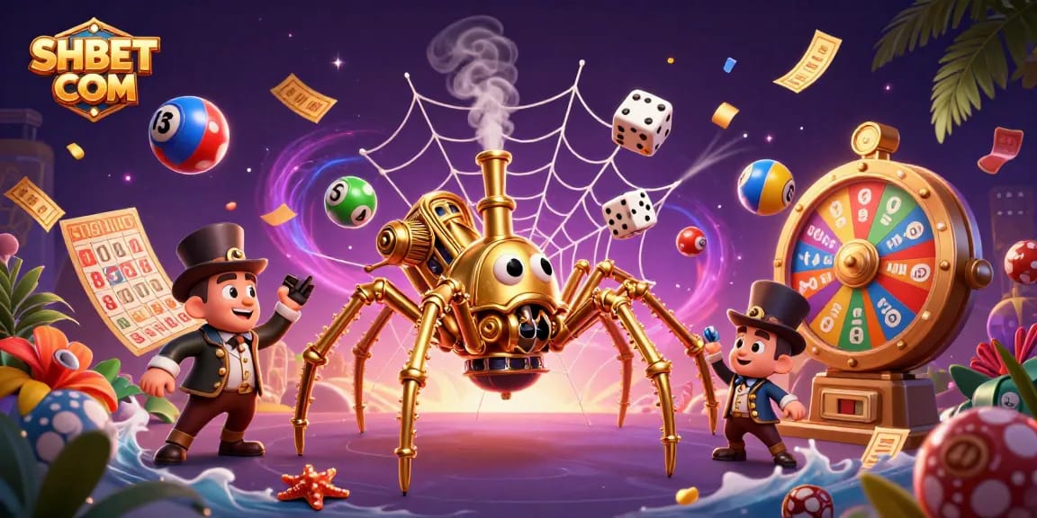 Join the excitement at SHBET COM as the golden spider catches dice and lottery balls in a vibrant casino scene.