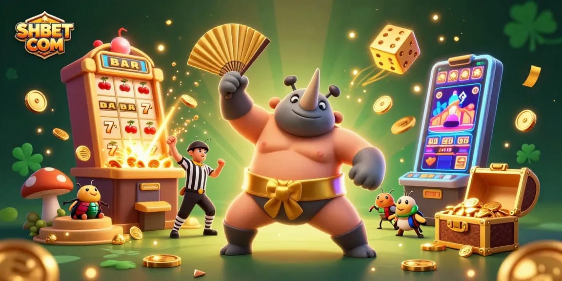 Play exciting slots at SHBET COM with our vibrant 3D casino illustration featuring dynamic characters and jackpot elements.