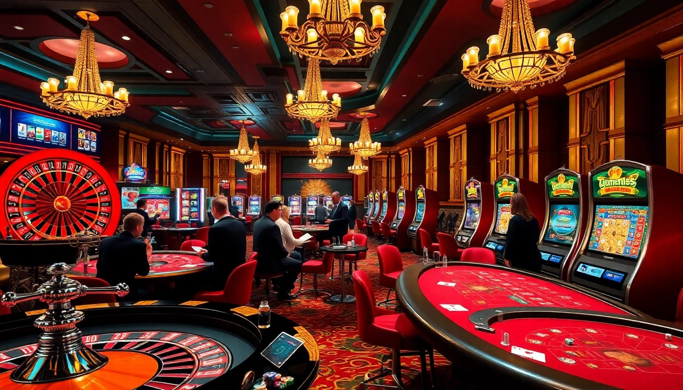 Experience thrilling gambling at BK8 Thai, showcasing an upscale casino with poker tables and roulette wheels.
