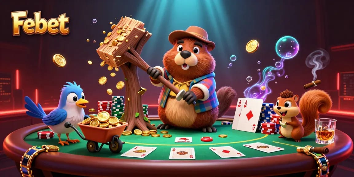 Experience Febet's thrilling casino vibes where the cartoon beaver chops trees for gold coins amidst poker excitement.