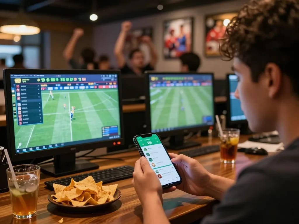 Soi kèo displayed on smartphone during an intense sports betting event with lively atmosphere
