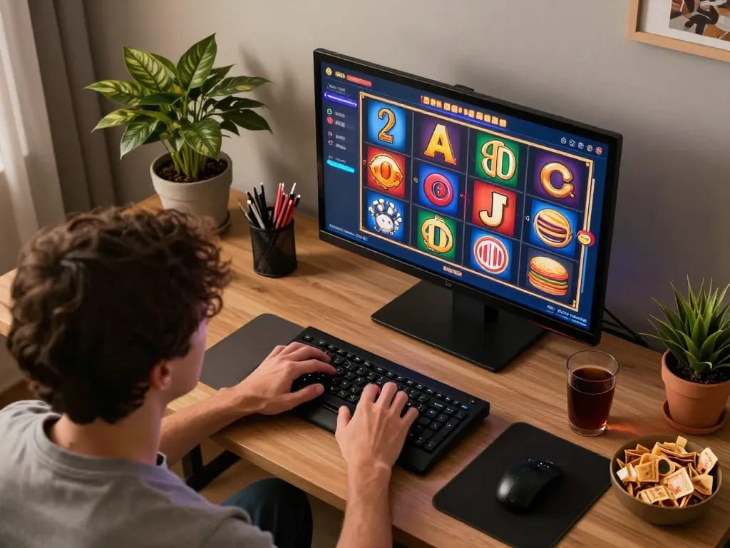Engaging in exciting slot online gameplay on a laptop at home for responsible entertainment.