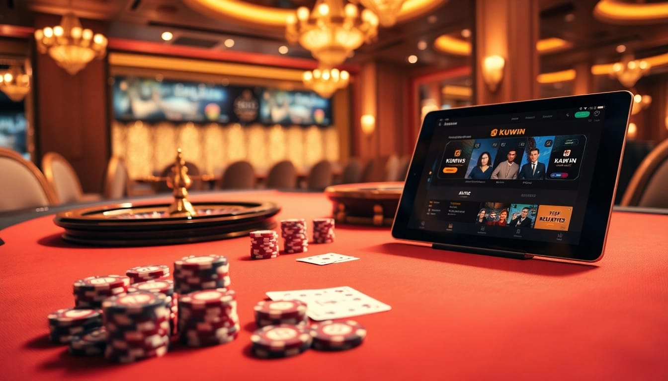 Kuwin players enjoying high-stakes poker at a luxury casino table filled with chips and cards.