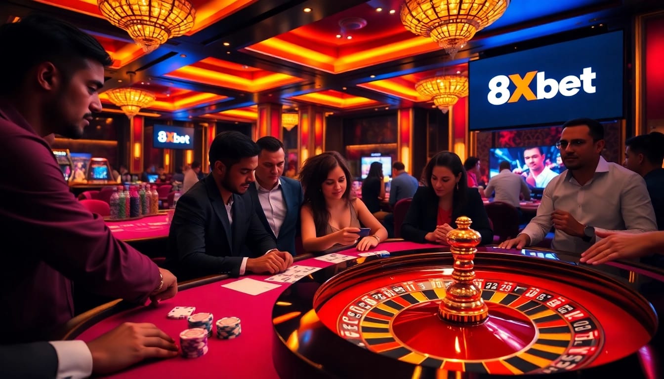 Experience the excitement of 8Xbet with players engaging at a luxurious casino table.