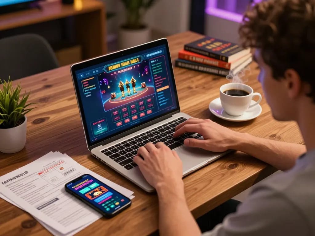 Player engaging with an online casino interface while strategizing bets and managing bankroll with m109 app.