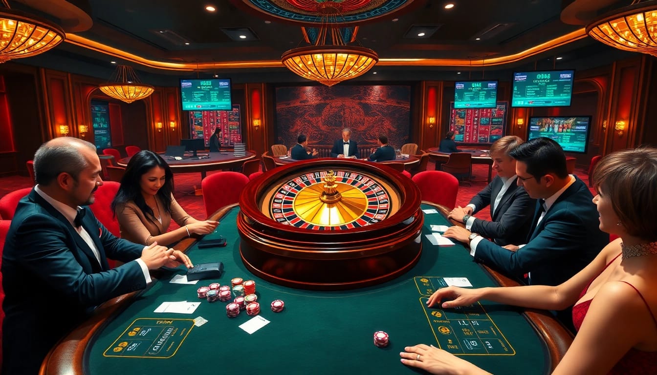 Experience the thrill of gambling at https://keonhacai5.free with a vibrant casino scene featuring poker players and betting action.