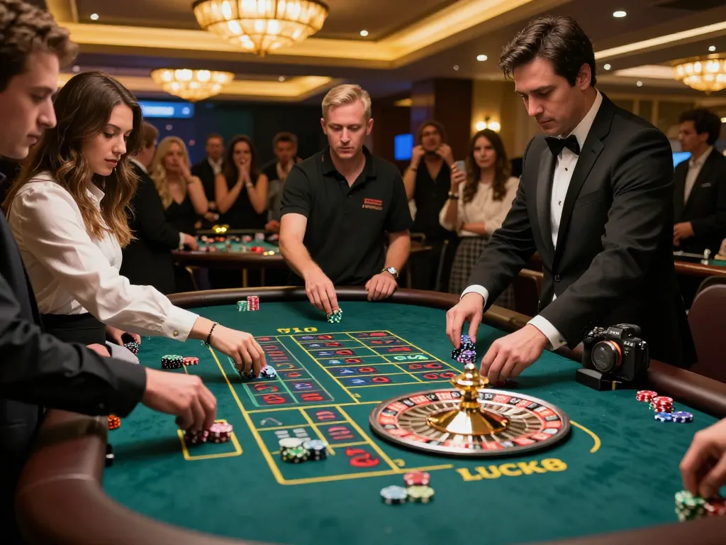Experience excitement at the Live casino LUCK8 roulette table with players placing bets and a spinning wheel.