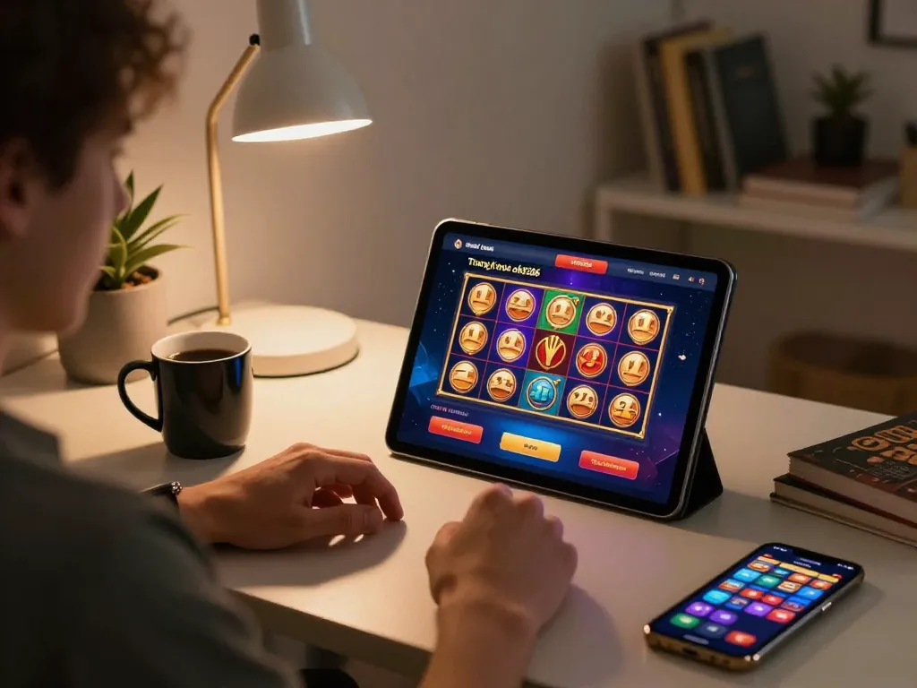Engaging with the Trang chủ ok8386 online slot games at a cozy home gaming setup.