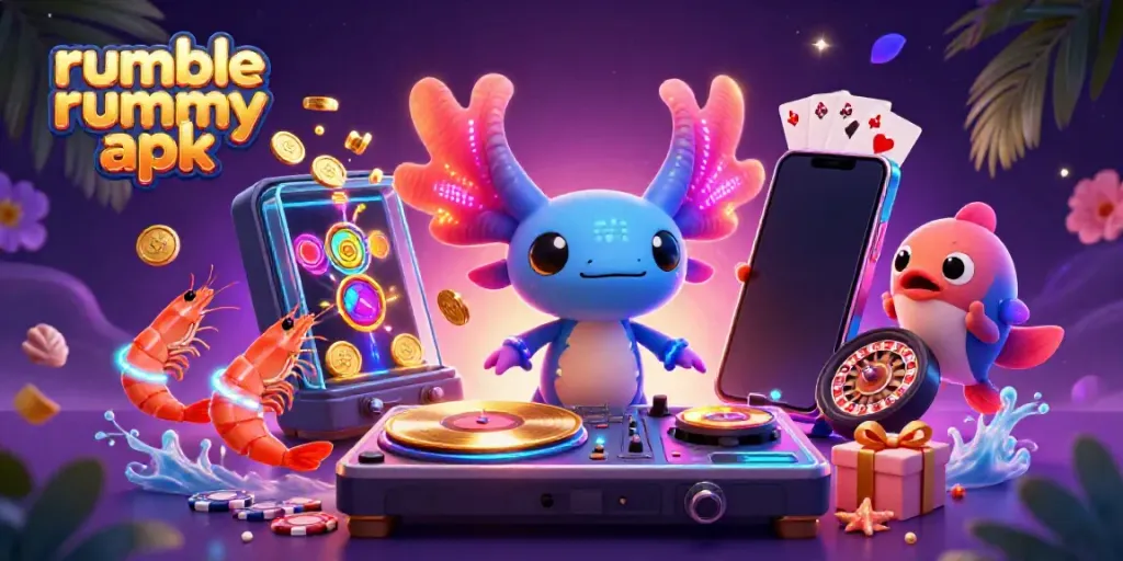 Join the vibrant party of Rumble Rummy APK with a neon axolotl DJ spinning exciting games.