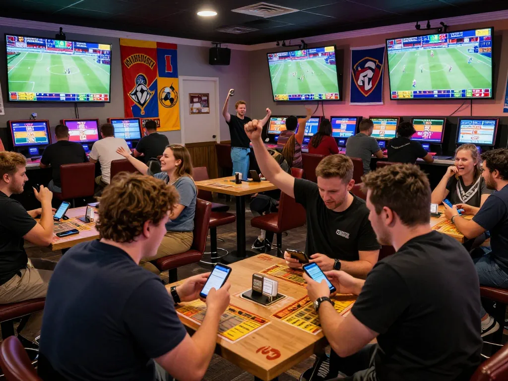 Excited fans engaging in soi keo nha cai sports betting in a vibrant lounge with large screens.