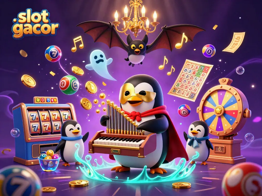 Slot gacor menampilkan penguin opera bermain organ yang memancarkan koin emas di kancah kasino yang meriah.
