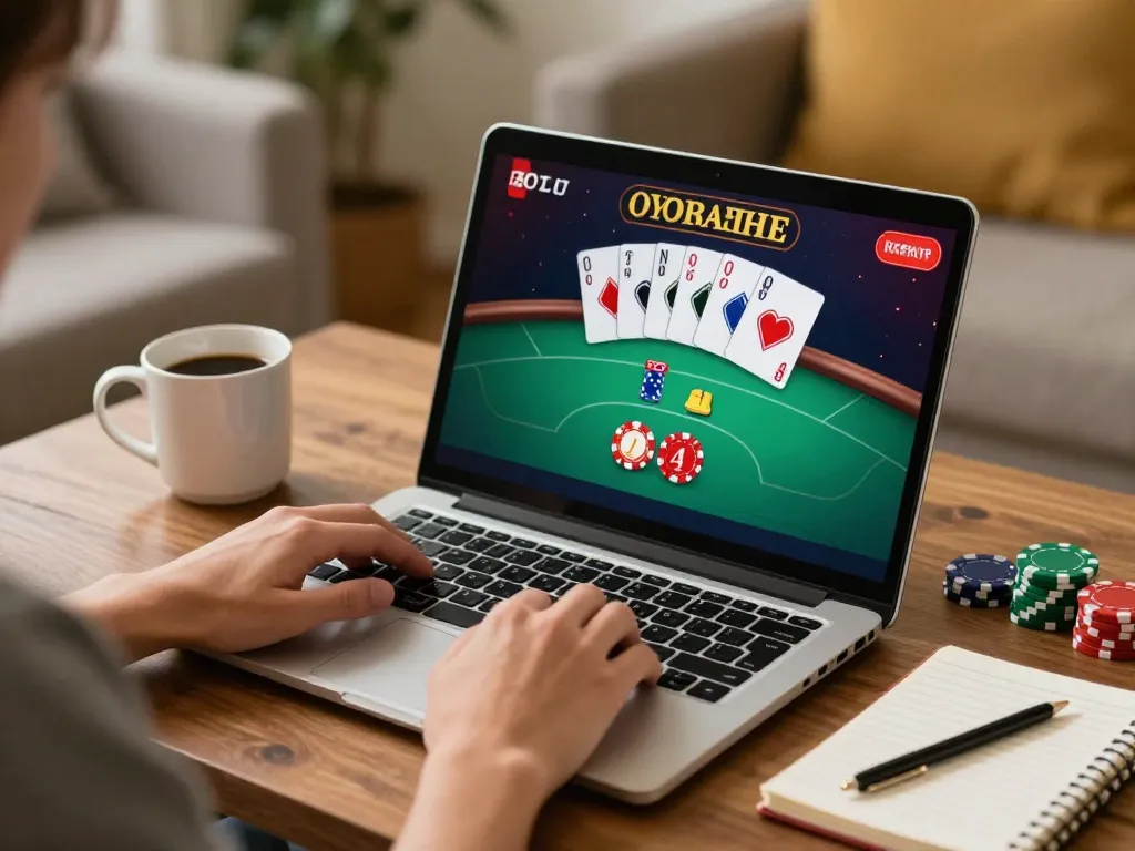 Engaged player at open88 com laptop enjoying online poker in a comfortable home environment.