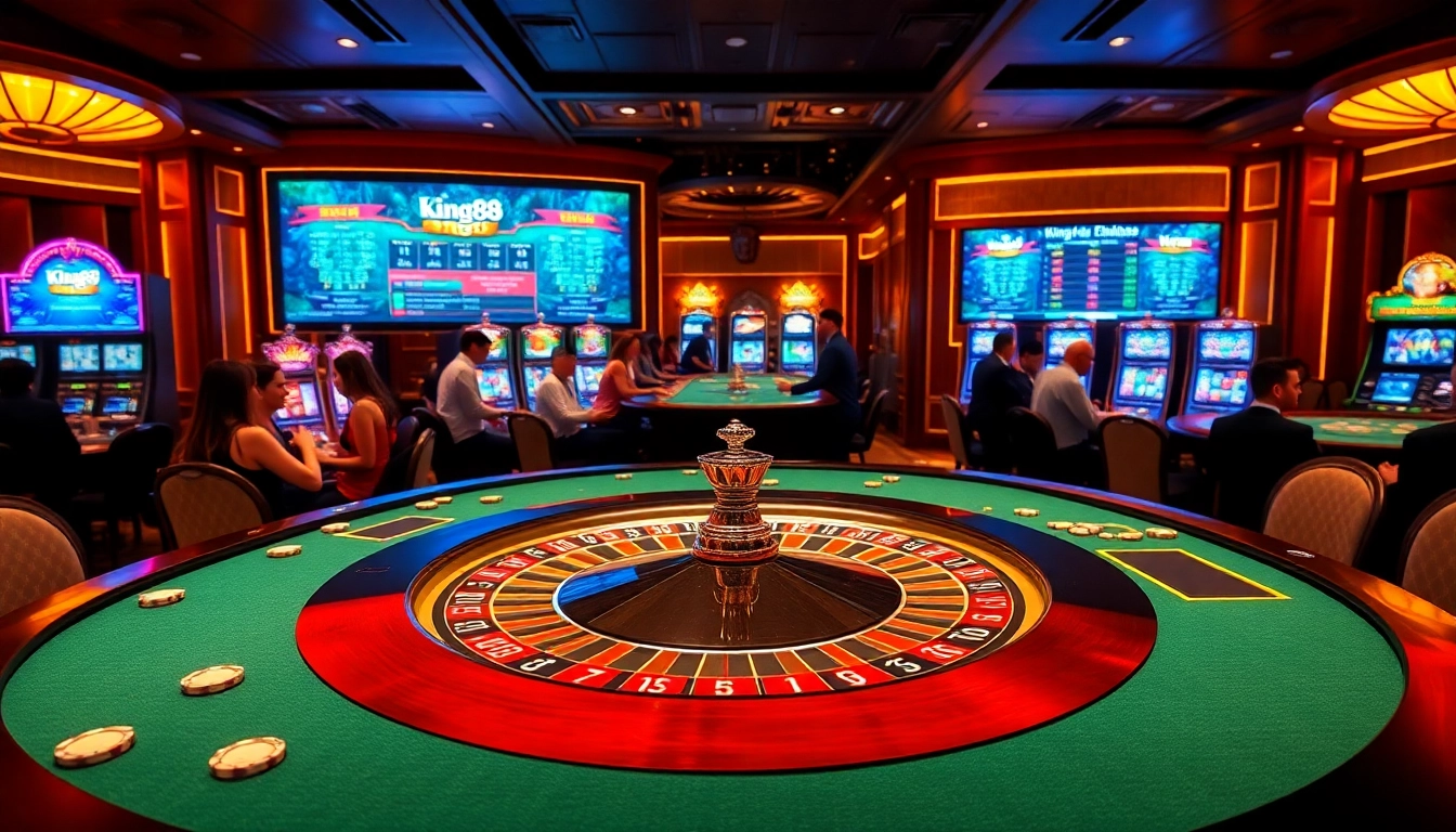 King88 casino scene showcasing an exhilarating roulette game with lively players and luxurious decor.