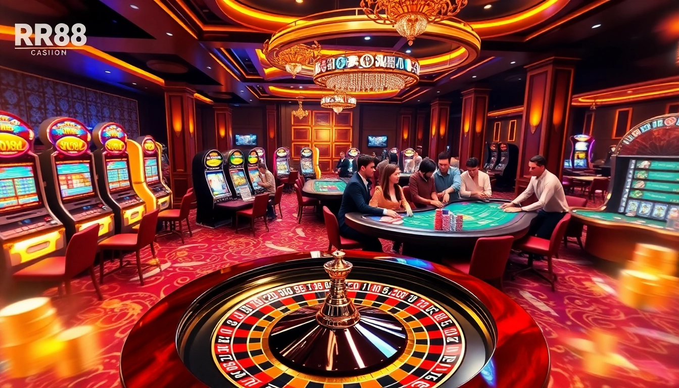 Players enjoying thrilling games at RR88's luxurious casino floor with vibrant slots and poker tables.