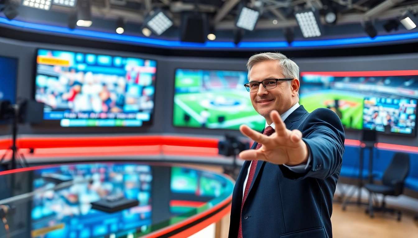 Engaging sports broadcasting anchor presenting live events in a professional studio.