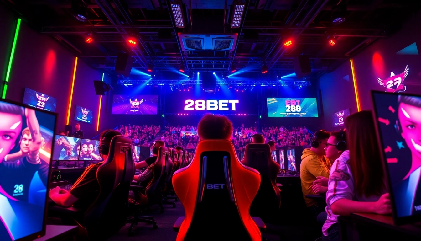 28BET esports arena showcasing gamers in action with vibrant lighting and energy