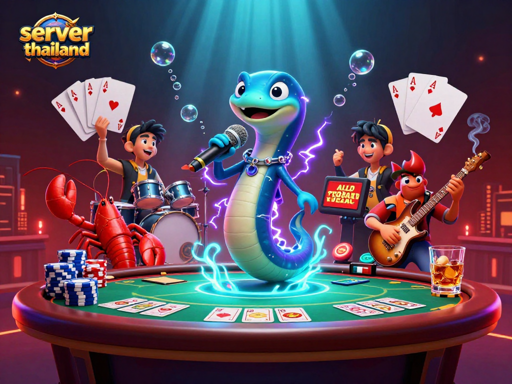 Experience gaming with server thailand in an engaging underwater casino illustration featuring electric eel DJ.