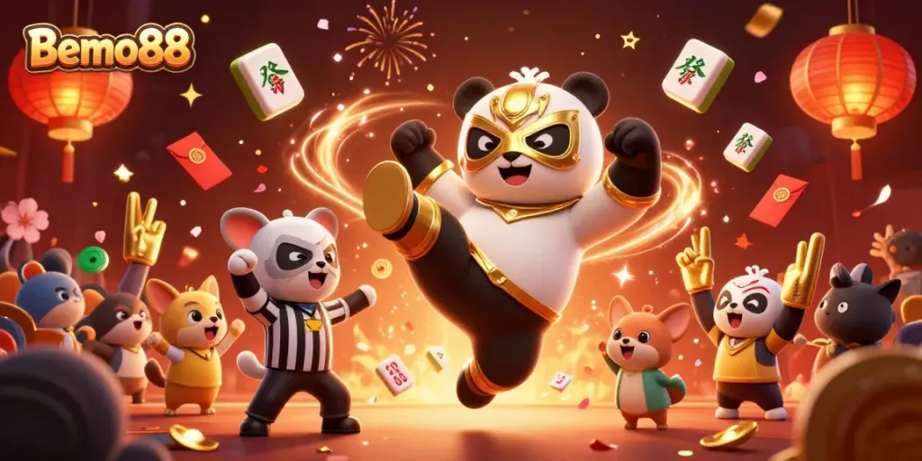 Experience the excitement of Bemo88 with a panda wrestler in action amidst casino elements.
