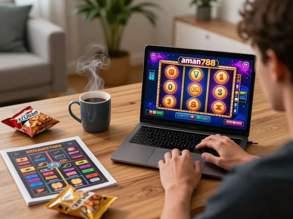 Player engaging with aman788 slot online, showcasing vibrant slot machine graphics on laptop at home.