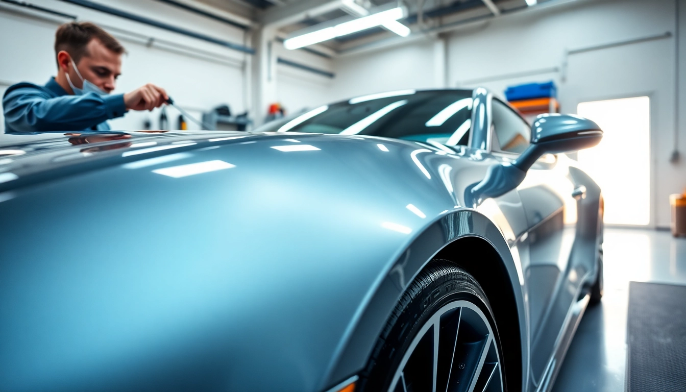 Applying paint protection film near me to a luxury car in a modern workshop setting.