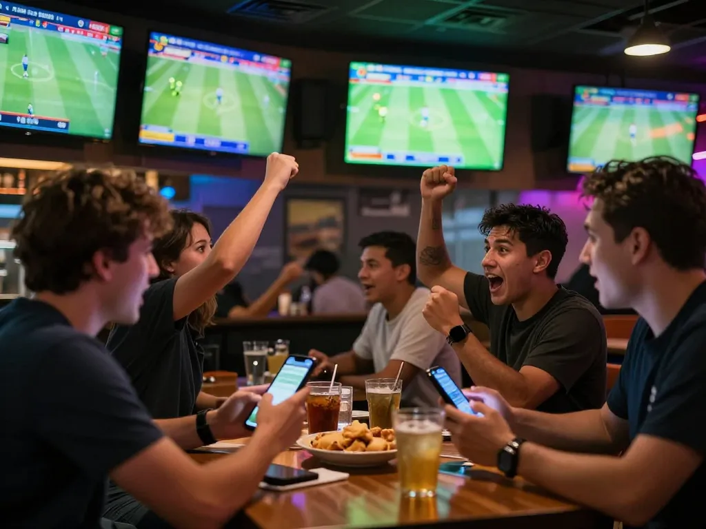 Kèo bóng đá hôm nay excitement as bettors actively engage in live sports betting at a vibrant sports bar.