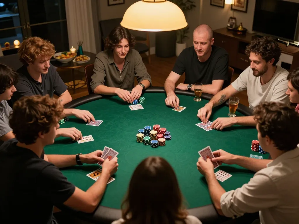 Players engaging in a strategic poker game at home, highlighting 388bet's social gambling moments