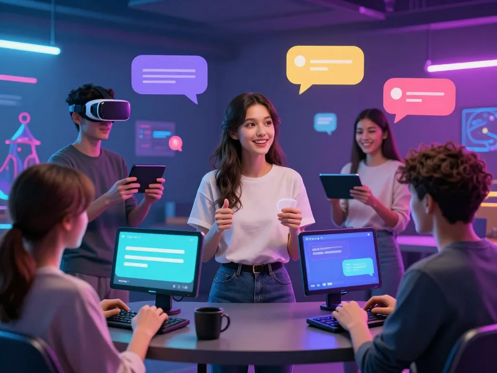 Interactive scene with 18+ AI chats, showcasing diverse adults engaging with playful AI characters in a vibrant digital space.