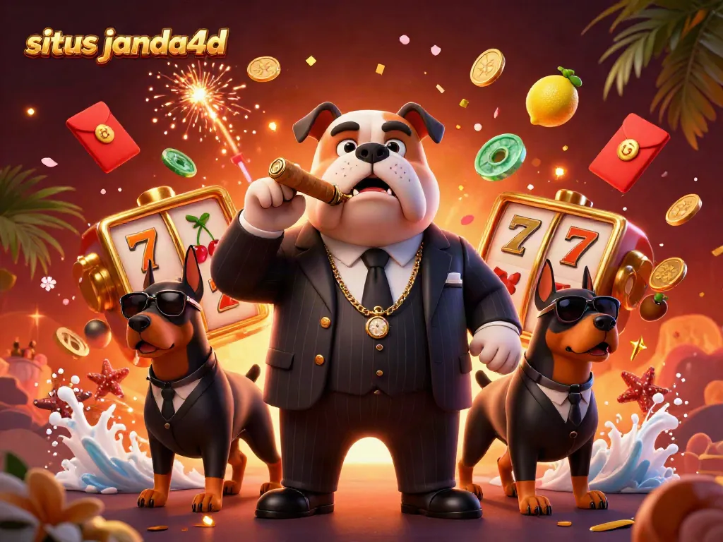Gambarkan situs janda4d dengan karakter mafia dalam suasana kasino, lengkap dengan simbol slot dan elemen keberuntungan.