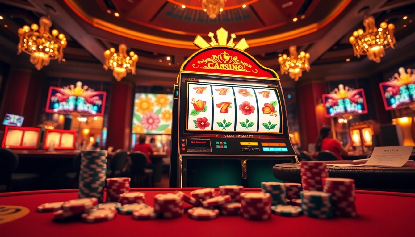 Players enjoying a captivating slot gacor experience at a luxurious casino with vibrant lights and poker chips.