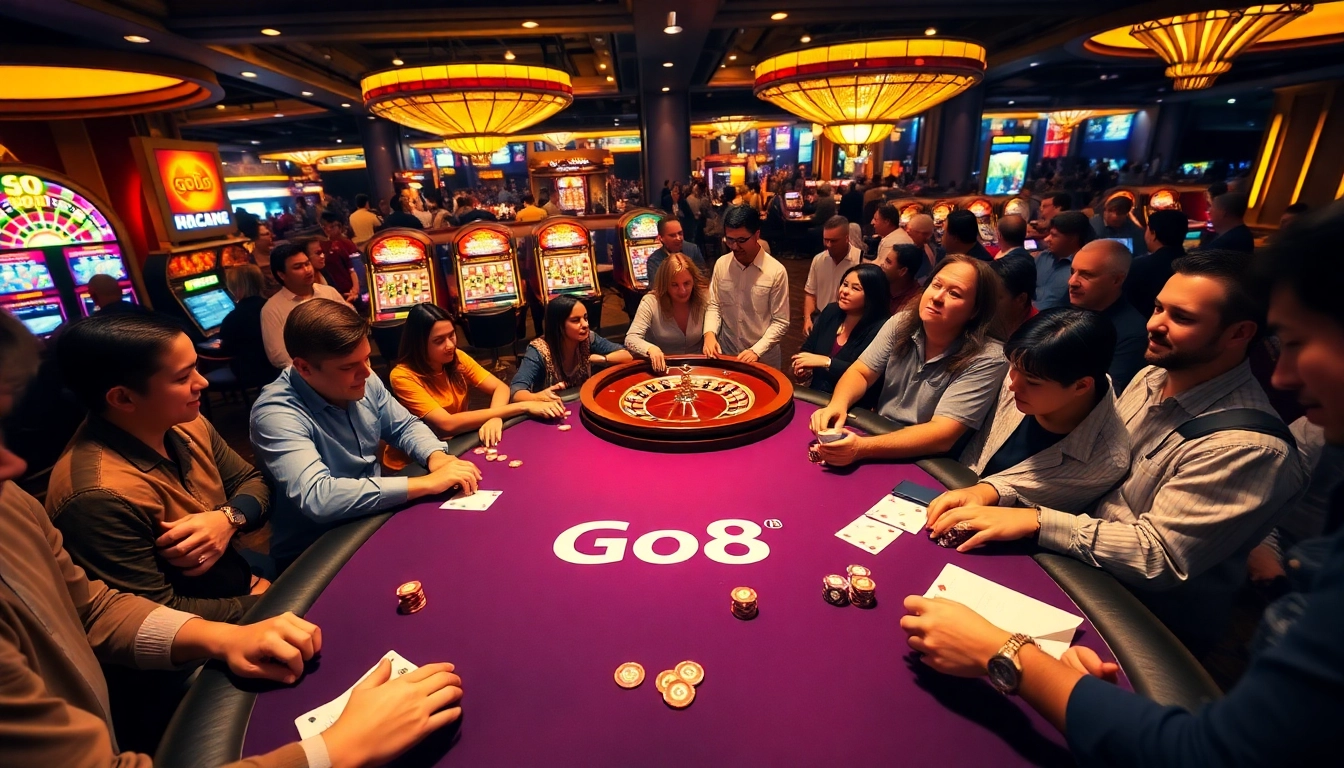 Exciting gaming action at a Go8 branded casino table with poker chips and players engaged.