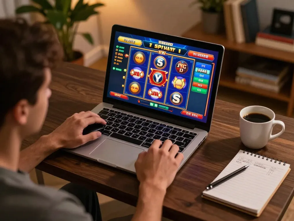Players enjoying situs slot gacor on a cozy laptop setup, showcasing excitement and strategy in online gaming.