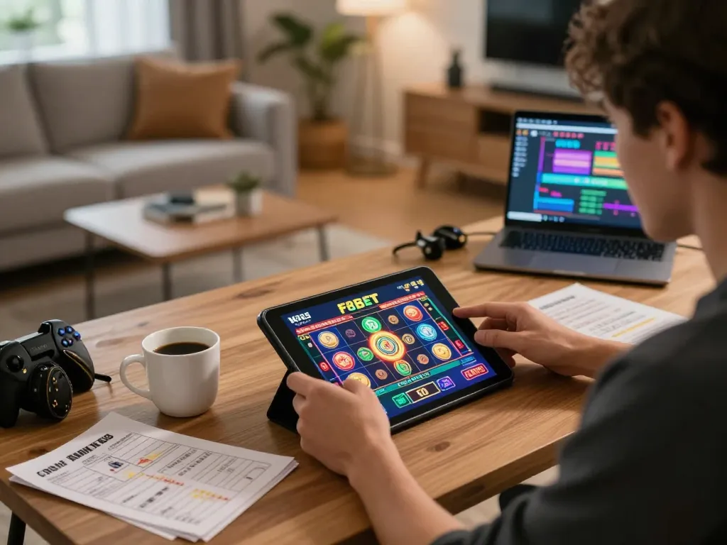 Player engaging with F8BET online casino interface on tablet in a cozy home setup