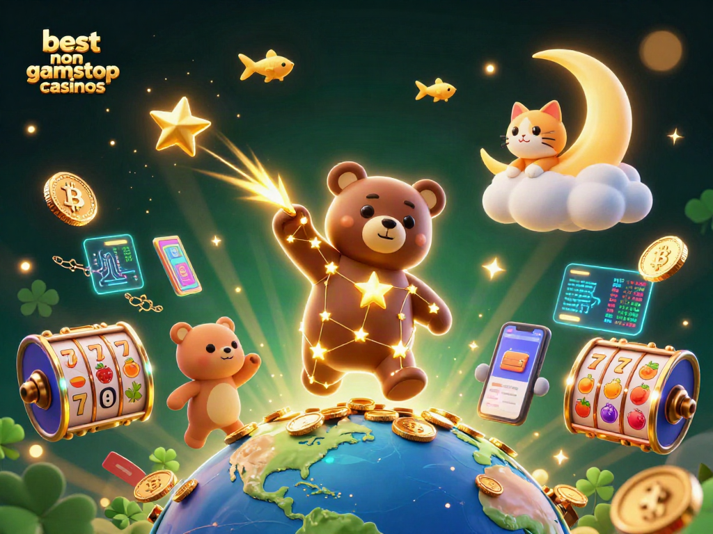 Engage with the best non gamstop casinos featuring a constellation bear and vibrant gaming elements.