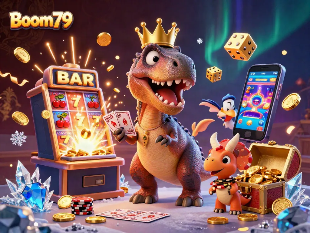 Join the action at Boom79 with a playful T-Rex and friends enjoying thrilling slots!