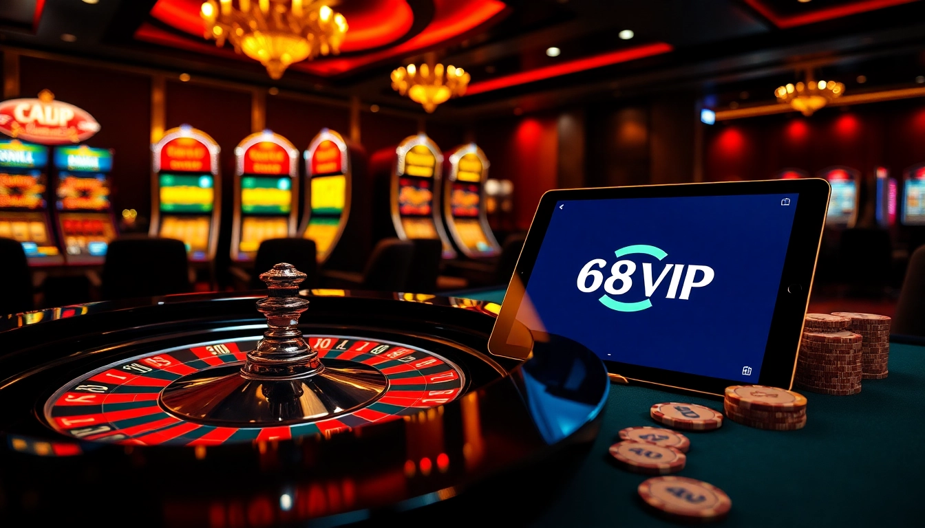 Experience the excitement of winning at 68VIP with vibrant gambling visuals featuring a roulette table and online game interface.