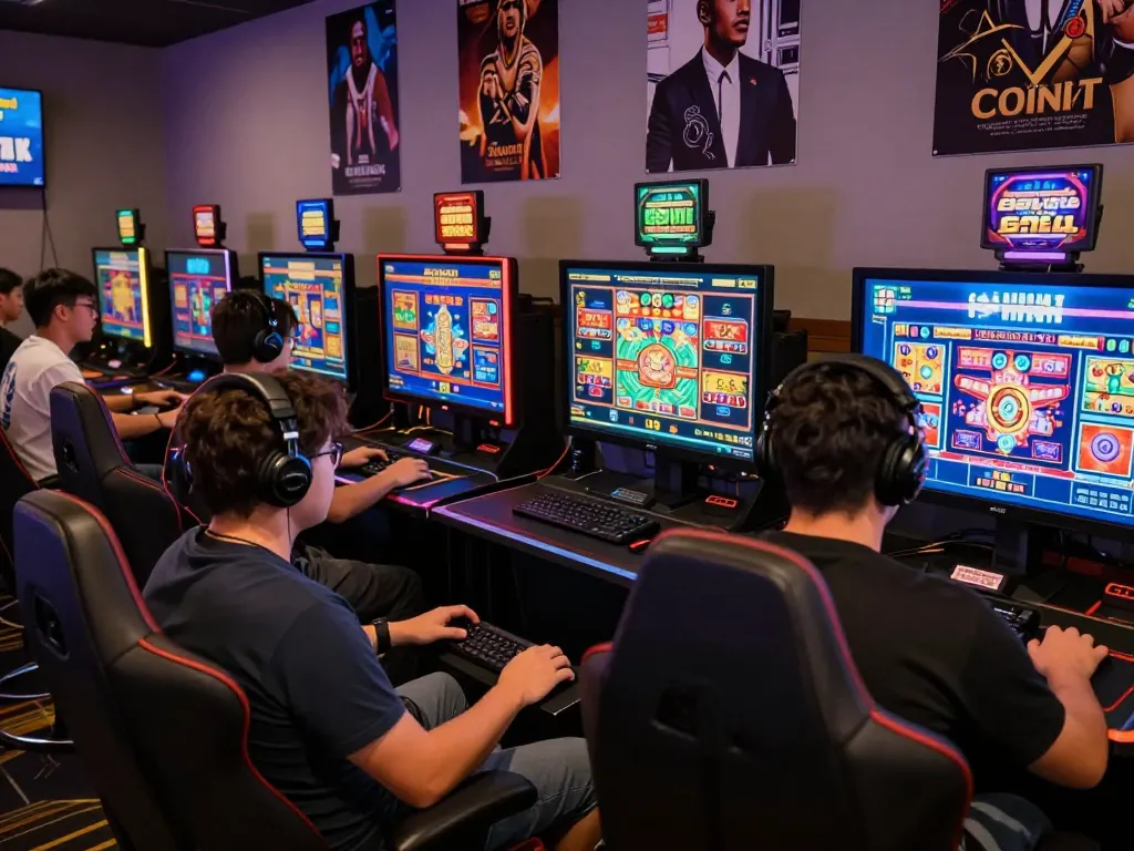 Bola88 Login scene with mobile gamers engaged in online slots experience.