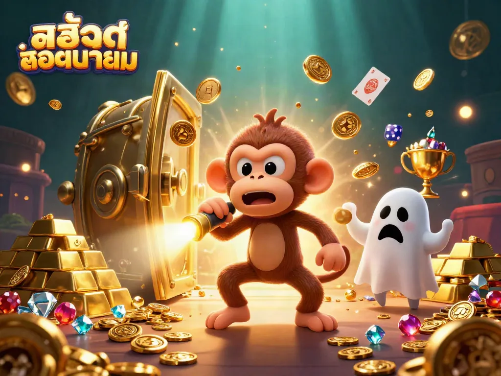 Engage with สล็อตยอดนิยม in a vibrant haunted casino scene with golden treasures and playful characters.