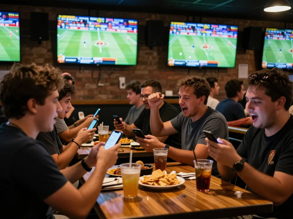 Tỷ lệ kèo nhà cái showcased with enthusiastic sports fans placing bets during live games in a vibrant sports bar