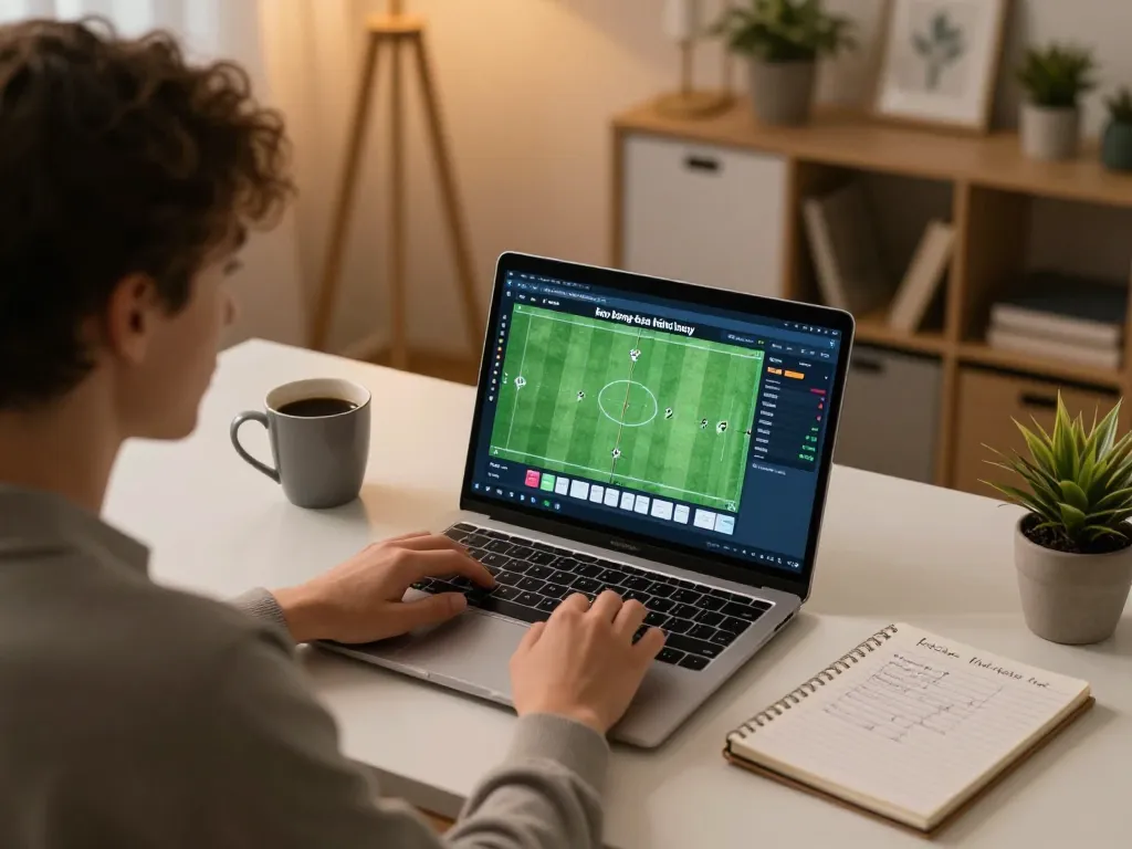 Engaged user analyzing kèo bóng đá hôm nay on laptop while betting, highlighting the sports betting excitement