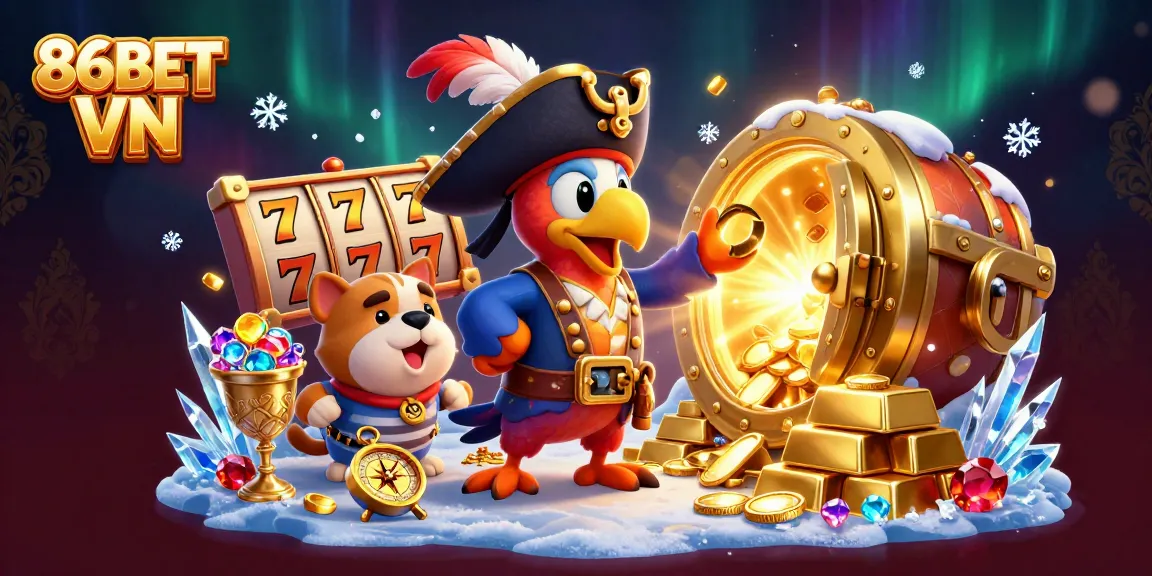 Experience the excitement of 86BET VN with vibrant casino elements and characters in a rich 3D illustration.