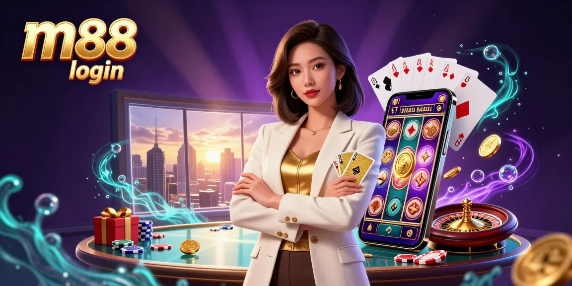 Berpartisipasi dalam login m88 dengan seorang wanita Asia yang glamor memamerkan kartu emas di tengah elemen kasino yang hidup.