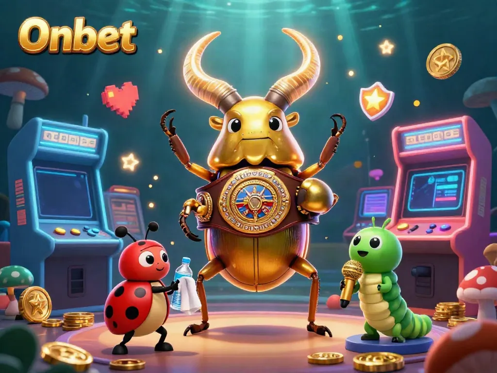Join the excitement of Onbet with a vibrant casino scene featuring a giant beetle boxing champion surrounded by lively game elements.