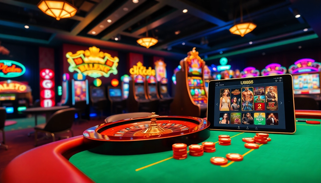 An exciting gaming scene at U888 featuring card tables, roulette, and online gambling interface.