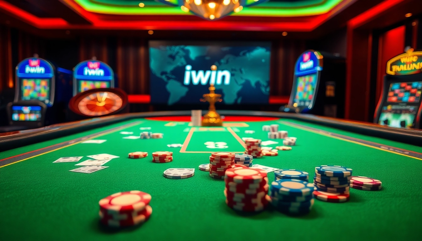 Play exciting casino games at iwin, featuring vibrant poker chips and a roulette wheel.