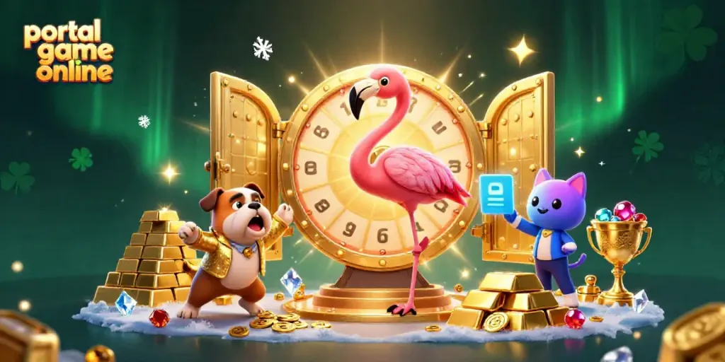 Spin to win with the portal game online, featuring an exciting game show scene with vibrant characters and treasures.
