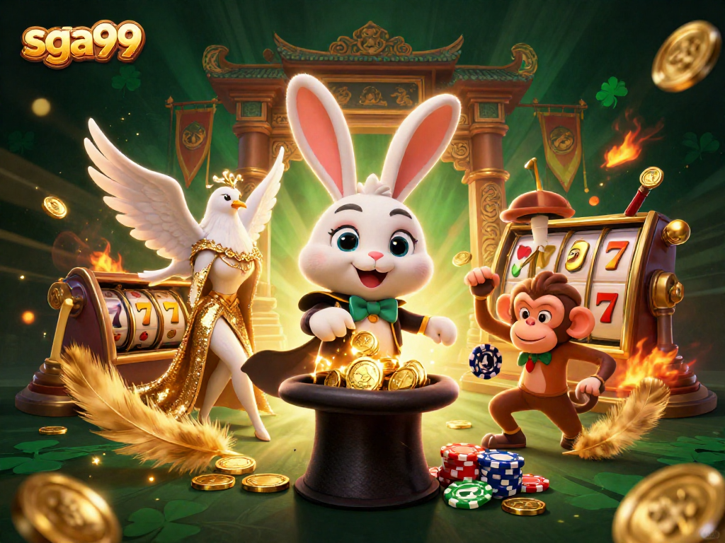 Spin the reels with sga99 as a magician rabbit conjures coins and excitement in this vibrant casino scene.