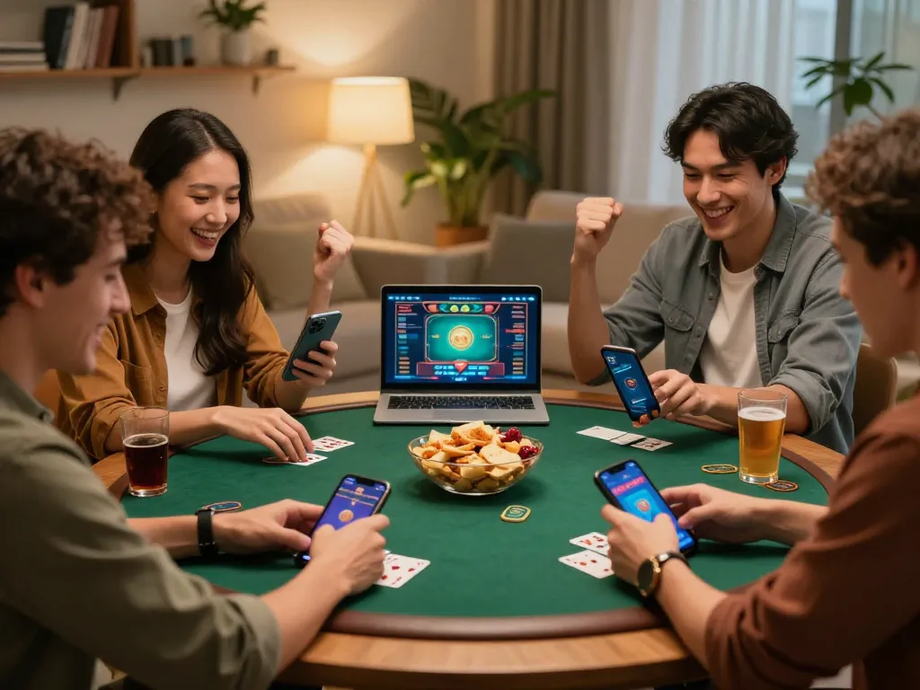 Players enjoying a 68 win online poker session with friends, engaged in lively betting and fun.